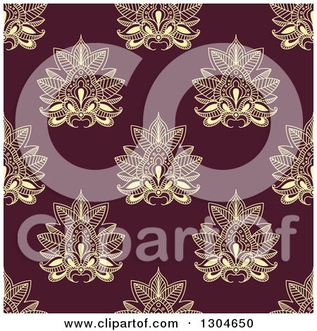 Clipart of a Seamless Pattern Background of Yellow Lotus Henna Flowers on Maroon - Royalty Free Vector Illustration by Vector Tradition SM