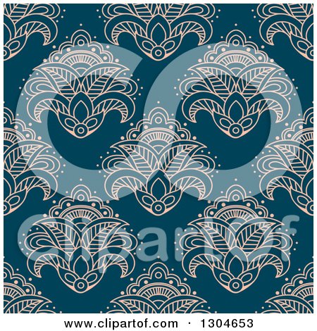 Clipart of a Seamless Pattern Background of Slmon Pink Lotus Henna Flowers on Blue - Royalty Free Vector Illustration by Vector Tradition SM