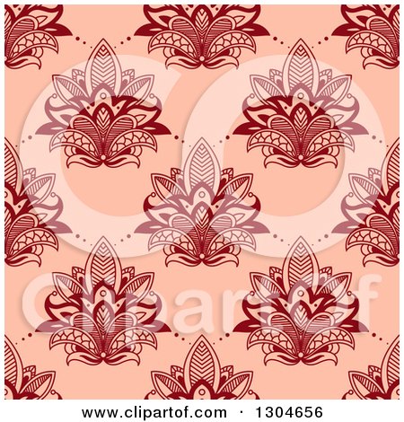 Clipart of a Seamless Pattern Background of Red Lotus Henna Flowers on Pink - Royalty Free Vector Illustration by Vector Tradition SM