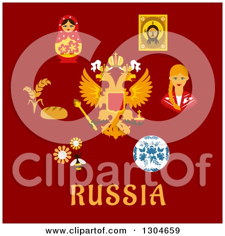 Clipart of a Flat Modern Design of Russian Symbols and Text on Red - Royalty Free Vector Illustration by Vector Tradition SM