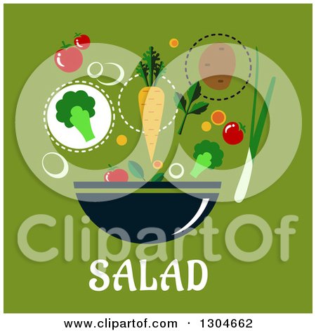 Clipart of a Modern Flat Design of Ingredients Around a Bowl over Salad Text on Green - Royalty Free Vector Illustration by Vector Tradition SM