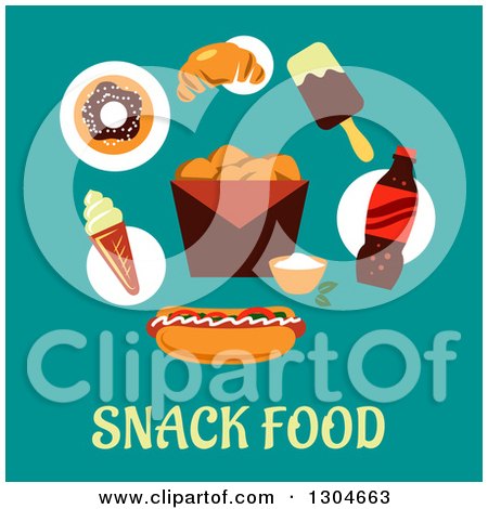 Clipart of a Modern Flat Design of Junk over Snack Food Text on Blue - Royalty Free Vector Illustration by Vector Tradition SM