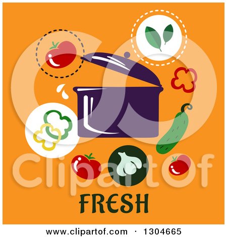Clipart of a Modern Flat Design of Ingredients Around a Soup Pot over Fresh Text on Orange - Royalty Free Vector Illustration by Vector Tradition SM
