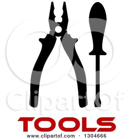 Clipart of a Black Silhouetted Screwdriver and Pliers over Red Tools Text - Royalty Free Vector Illustration by Vector Tradition SM