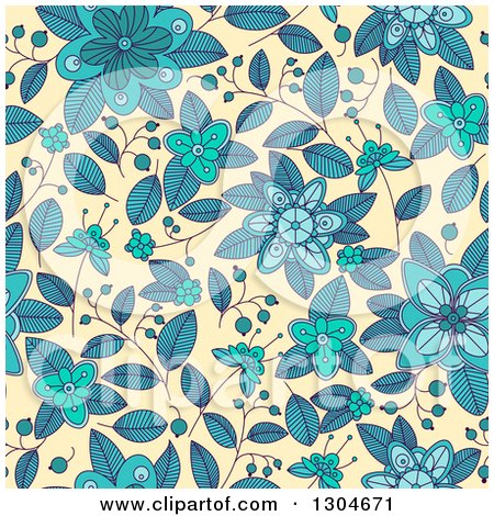 Clipart of a Seamless Background Pattern of Doodled Blue and Turquoise Flowers over Yellow - Royalty Free Vector Illustration by Vector Tradition SM