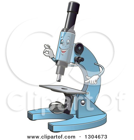 Clipart of a Cartoon Blue Microscope Character Pointing and Gesturing - Royalty Free Vector Illustration by Vector Tradition SM