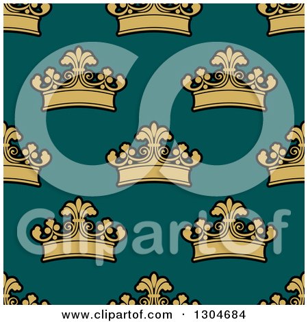 Clipart of a Seamless Pattern Background of Gold Crowns on Teal - Royalty Free Vector Illustration by Vector Tradition SM