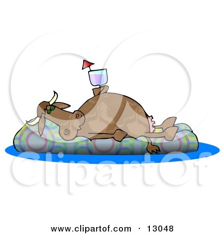 Happy Cow Drinking a Beverage and Relaxing on a Floatation in a Swimming Pool Clipart Illustration by djart