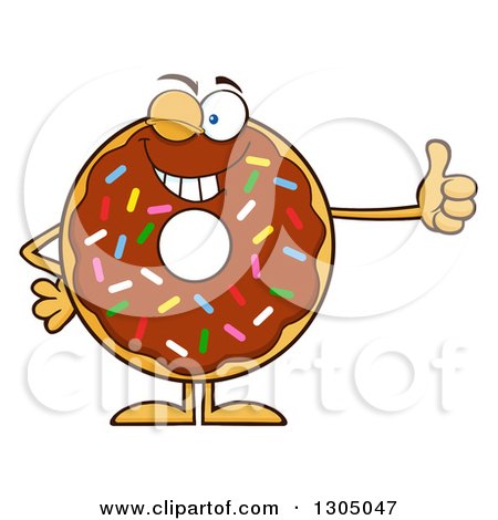 Clipart of a Cartoon Winking Round Chocolate Sprinkled Donut Character Giving a Thumb up - Royalty Free Vector Illustration by Hit Toon