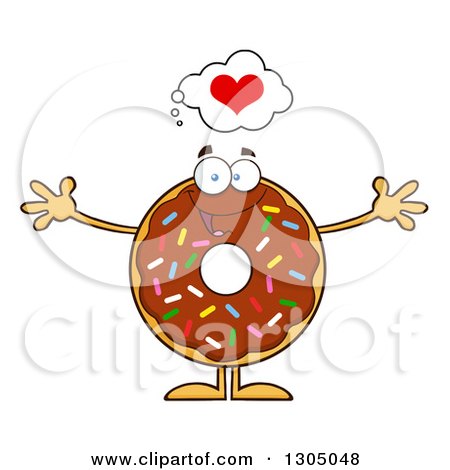 Clipart of a Cartoon Loving Round Chocolate Sprinkled Donut Character Wanting a Hug - Royalty Free Vector Illustration by Hit Toon