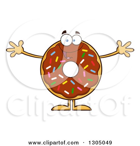 Clipart of a Cartoon Happy Round Chocolate Sprinkled Donut Character Welcoming - Royalty Free Vector Illustration by Hit Toon
