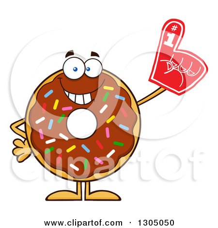 Clipart of a Cartoon Happy Round Chocolate Sprinkled Donut Character Wearing a Foam Finger - Royalty Free Vector Illustration by Hit Toon