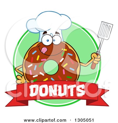 Clipart of a Cartoon Happy Round Chocolate Sprinkled Donut Chef Character Holding a Spatula over a Text Banner and Green Circle - Royalty Free Vector Illustration by Hit Toon