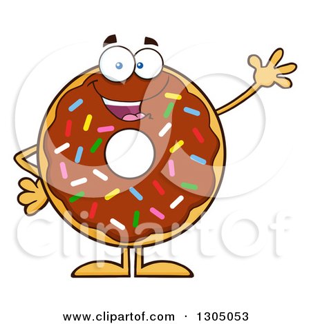 Clipart of a Cartoon Happy Round Chocolate Sprinkled Donut Character Waving - Royalty Free Vector Illustration by Hit Toon