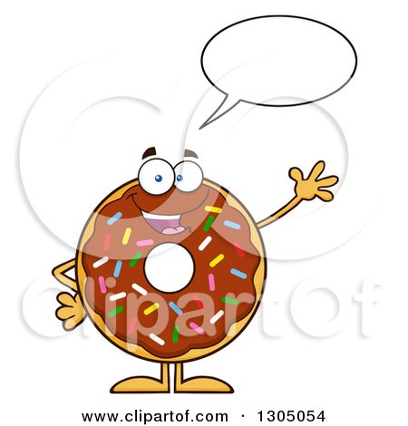 Clipart of a Cartoon Happy Round Chocolate Sprinkled Donut Character Talking and Waving - Royalty Free Vector Illustration by Hit Toon