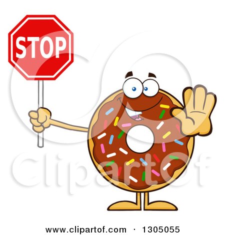Clipart of a Cartoon Happy Round Chocolate Sprinkled Donut Character Gestruing and Holding a Stop Sign - Royalty Free Vector Illustration by Hit Toon