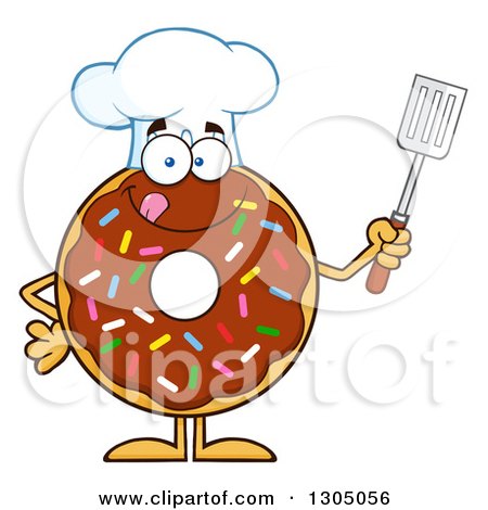 Clipart of a Cartoon Happy Round Chocolate Sprinkled Donut Chef Character Holding a Spatula - Royalty Free Vector Illustration by Hit Toon