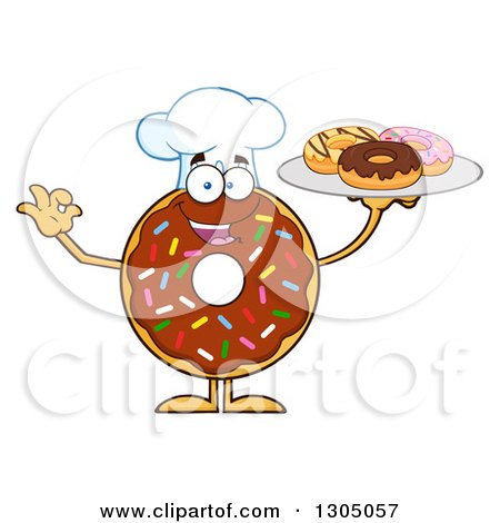 Clipart of a Cartoon Happy Round Chocolate Sprinkled Donut Chef Character Holding a Plate of Doughnuts - Royalty Free Vector Illustration by Hit Toon