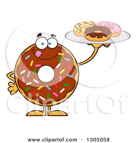 Clipart of a Cartoon Happy Round Chocolate Sprinkled Donut Character Holding a Plate of Doughnuts - Royalty Free Vector Illustration by Hit Toon