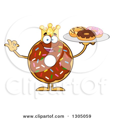 Clipart of a Cartoon Happy Round Chocolate Sprinkled Donut King Character Holding a Plate of Doughnuts - Royalty Free Vector Illustration by Hit Toon
