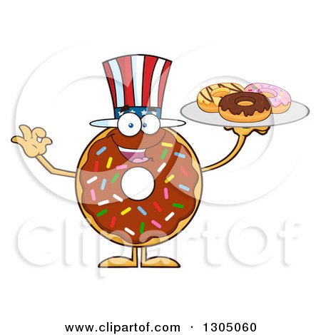 Clipart of a Cartoon Happy American Round Chocolate Sprinkled Donut Character Holding a Plate of Doughnuts - Royalty Free Vector Illustration by Hit Toon