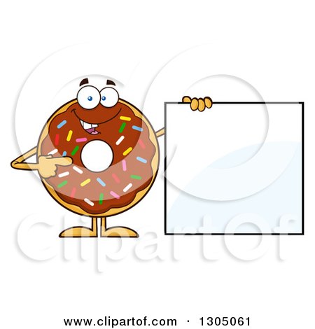 Clipart of a Cartoon Happy Round Chocolate Sprinkled Donut Character Pointing to a Blank Sign - Royalty Free Vector Illustration by Hit Toon