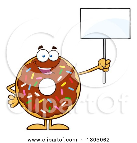 Clipart of a Cartoon Happy Round Chocolate Sprinkled Donut Character Holding up a Blank Sign - Royalty Free Vector Illustration by Hit Toon