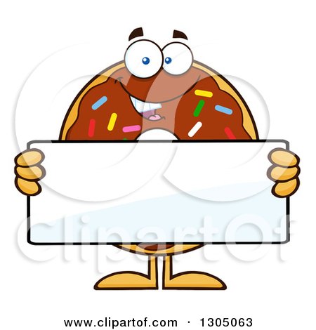 Clipart of a Cartoon Happy Round Chocolate Sprinkled Donut Character Holding a Blank Sign - Royalty Free Vector Illustration by Hit Toon