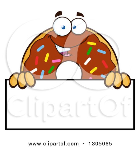 Clipart of a Cartoon Happy Round Chocolate Sprinkled Donut Character over a Blank Sign - Royalty Free Vector Illustration by Hit Toon