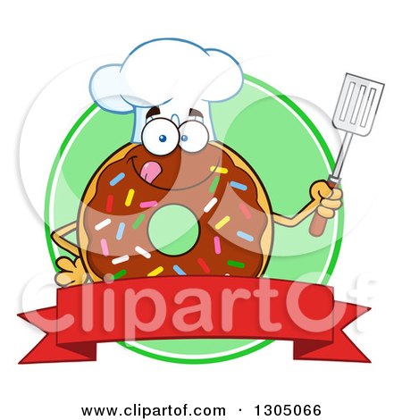 Clipart of a Cartoon Happy Round Chocolate Sprinkled Donut Chef Character Holding a Spatula over a Blank Banner and Green Circle - Royalty Free Vector Illustration by Hit Toon