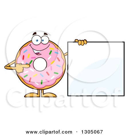 Clipart of a Cartoon Happy Round Pink Sprinkled Donut Character Pointing to a Blank Sign - Royalty Free Vector Illustration by Hit Toon