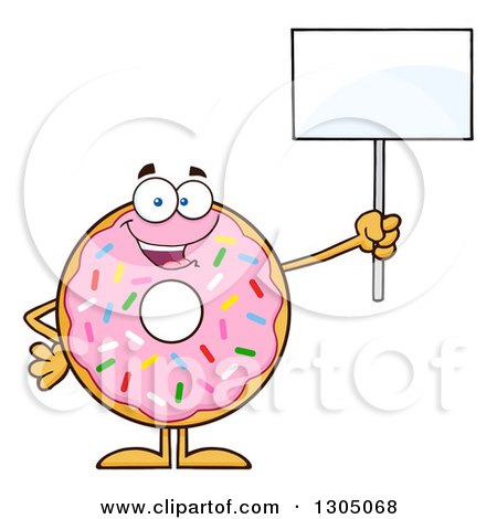 Clipart of a Cartoon Happy Round Pink Sprinkled Donut Character Holding up a Blank Sign - Royalty Free Vector Illustration by Hit Toon
