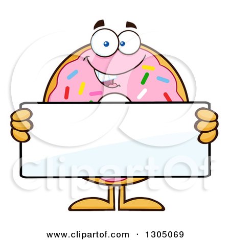 Clipart of a Cartoon Happy Round Pink Sprinkled Donut Character Holding a Blank Sign - Royalty Free Vector Illustration by Hit Toon