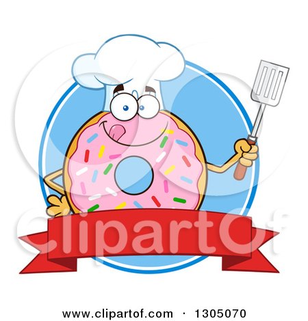 Clipart of a Cartoon Happy Round Pink Sprinkled Donut Chef Character Holding a Spatula over a Blank Banner and Blue Circle - Royalty Free Vector Illustration by Hit Toon