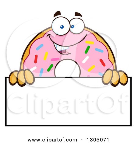 Clipart of a Cartoon Happy Round Pink Sprinkled Donut Character over a Blank Sign - Royalty Free Vector Illustration by Hit Toon