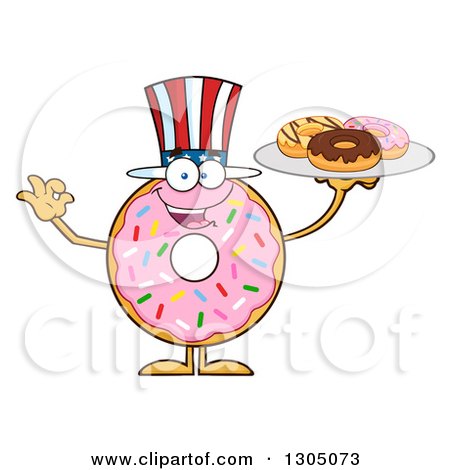Clipart of a Cartoon Happy Round Pink American Sprinkled Donut Character Holding a Plate of Doughnuts - Royalty Free Vector Illustration by Hit Toon