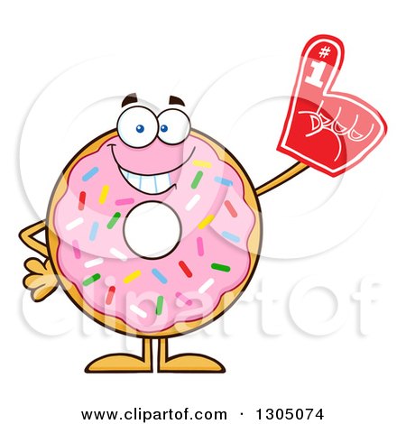 Clipart of a Cartoon Happy Round Pink Sprinkled Donut Character Wearing a Foam Finger - Royalty Free Vector Illustration by Hit Toon