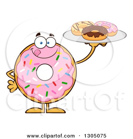 Clipart of a Cartoon Happy Round Pink Sprinkled Donut Character Licking His Lips and Holding a Plate of Doughnuts - Royalty Free Vector Illustration by Hit Toon
