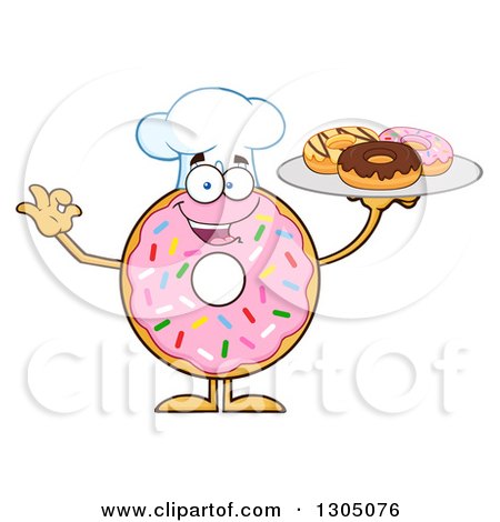 Clipart of a Cartoon Happy Round Pink Sprinkled Donut Chef Character Holding a Plate of Doughnuts - Royalty Free Vector Illustration by Hit Toon