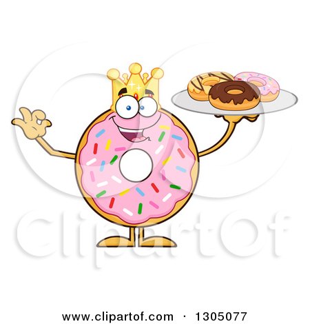 Clipart of a Cartoon Happy Round Pink Sprinkled Donut King Character Holding a Plate of Doughnuts - Royalty Free Vector Illustration by Hit Toon