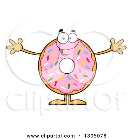 Clipart of a Cartoon Happy Round Pink Sprinkled Donut Character Welcoming - Royalty Free Vector Illustration by Hit Toon