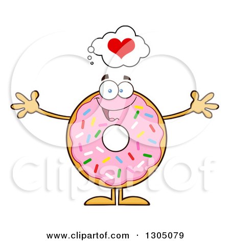 Clipart of a Cartoon Loving Round Pink Sprinkled Donut Character Wanting a Hug - Royalty Free Vector Illustration by Hit Toon
