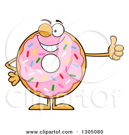 Clipart of a Cartoon Winking Round Pink Sprinkled Donut Character Giving a Thumb up - Royalty Free Vector Illustration by Hit Toon