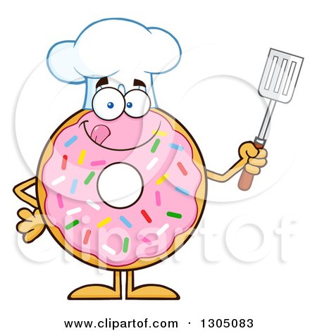 Clipart of a Cartoon Happy Round Pink Sprinkled Donut Chef Character Holding a Spatula - Royalty Free Vector Illustration by Hit Toon