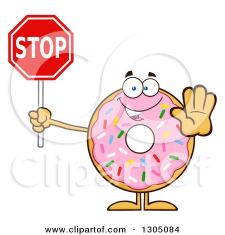 Clipart of a Cartoon Happy Round Pink Sprinkled Donut Character Gesturing and Holding a Stop Sign - Royalty Free Vector Illustration by Hit Toon