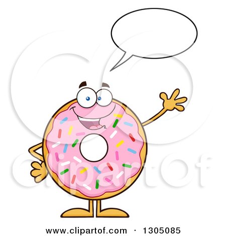Clipart of a Cartoon Happy Round Pink Sprinkled Donut Character Talking and Waving - Royalty Free Vector Illustration by Hit Toon