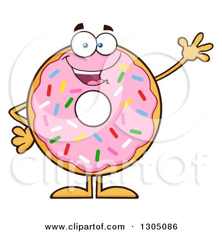 Clipart of a Cartoon Happy Round Pink Sprinkled Donut Character Waving - Royalty Free Vector Illustration by Hit Toon