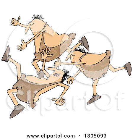 Clipart of a Cartoon Group of Chubby Cavemen Tripping and Falling - Royalty Free Vector Illustration by djart