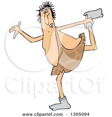 Clipart of a Cartoon Chubby Caveman Wearing Socks and Stretching - Royalty Free Vector Illustration by djart