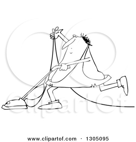 Lineart Clipart of a Cartoon Black and White Chubby Caveman Vacuuming - Royalty Free Outline Vector Illustration by djart